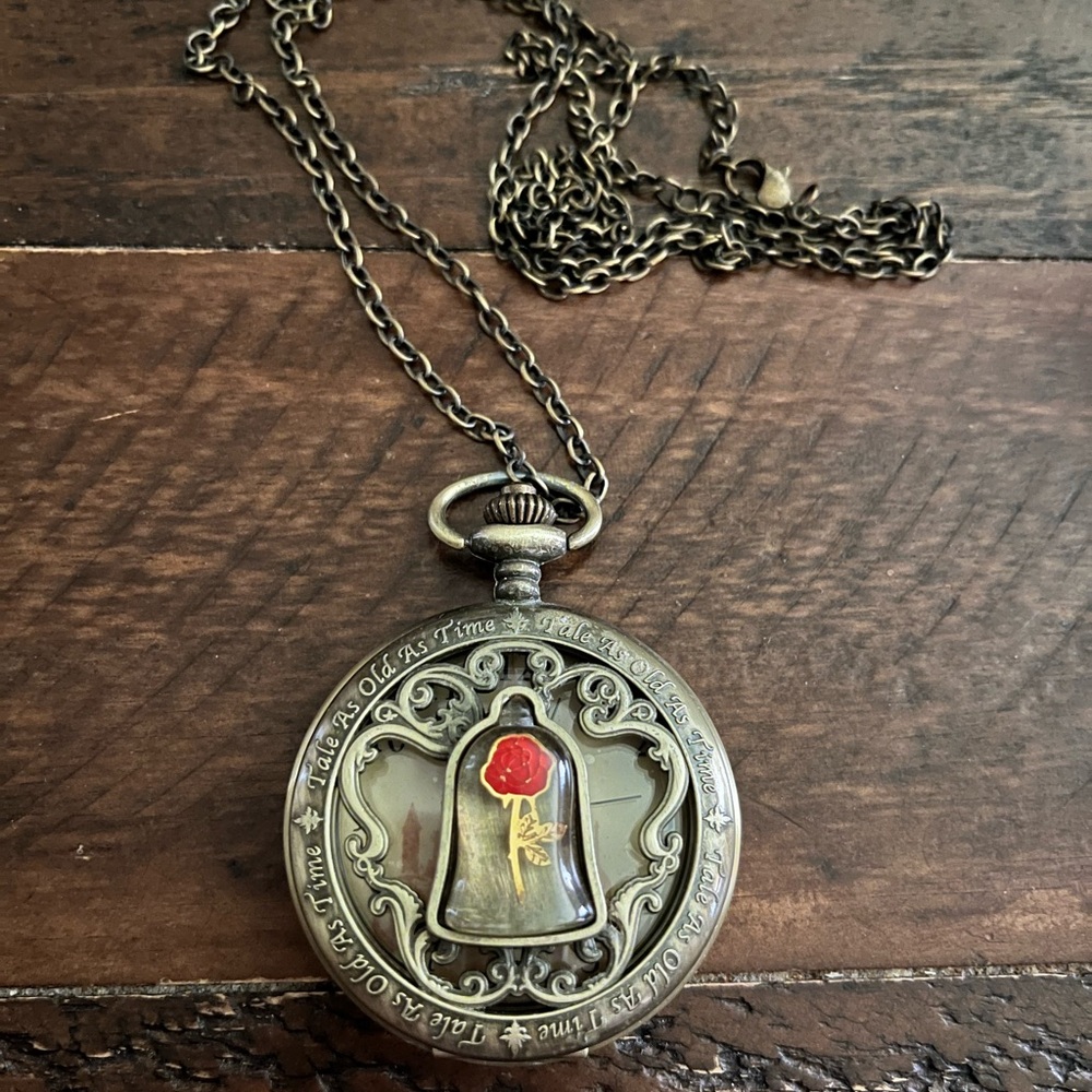 Disney Beauty and the Beast Enchanted Rose Pocket Watch Necklace